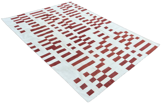 Handmade Cotton Terracotta And White Flat Weave Striped Rug-6495