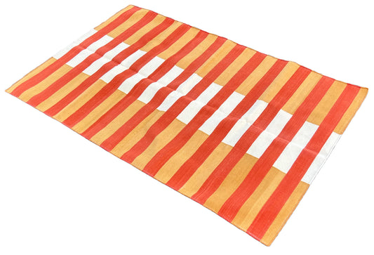 Modern Handmade Cotton Mustard, Cream And Terracotta Striped Area Rug-6755