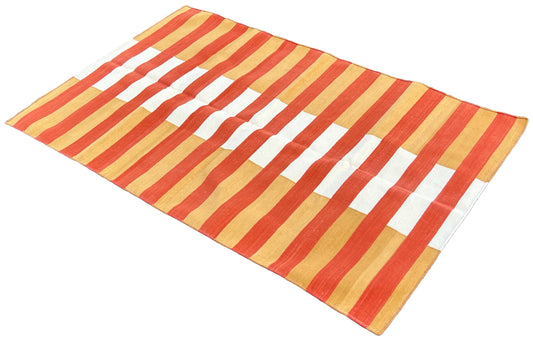 Modern Handmade Cotton Mustard, Cream And Terracotta Striped Area Rug-6755