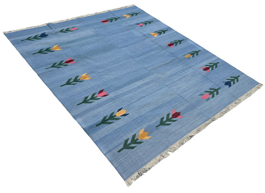 Modern Handmade Cotton Sky Blue Leaf Patterned Area Rug-6839