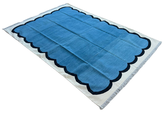 Modern Handmade Cotton Teal Blue, Black and Cream Scalloped Rug-6791