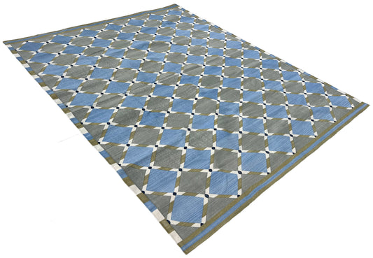 Modern Handmade Cotton Grey, Blue, Cream And Green Geometric Area Rug-6834