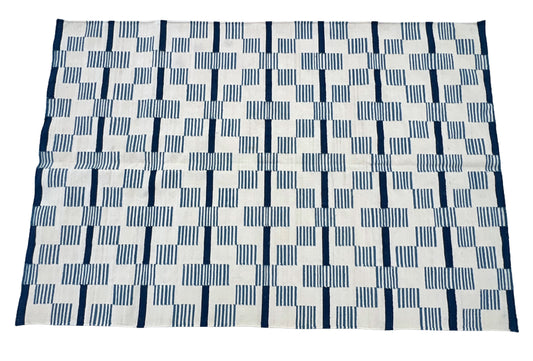 Modern Handmade Cotton Rug, 4x6 White And Blue Star And Dash Striped Rug-6846