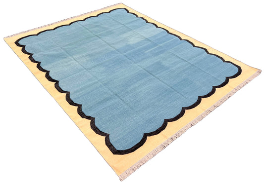 Modern Handmade Cotton Teal Blue, Black and Cream Scalloped Rug-6766