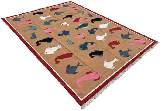 Modern Handmade Cotton Tan And Red Fish Patterned Area Rug-6840