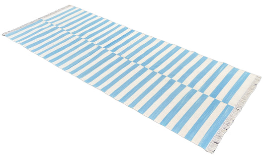 Modern Handmade Cotton Sky Blue And White Up Down Striped Runner-6761