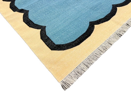 Modern Handmade Cotton Teal Blue, Black and Cream Scalloped Rug-6766