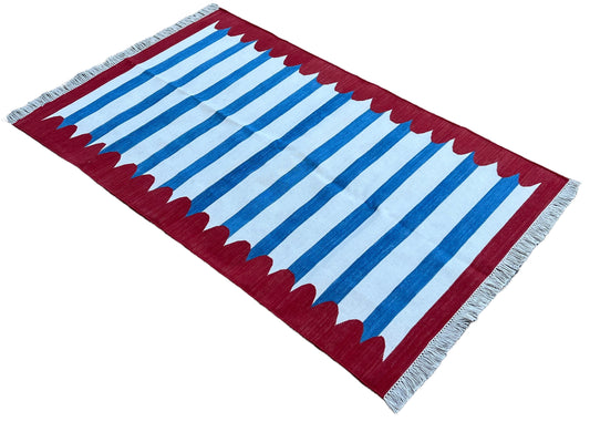 Modern Handmade Cotton Blue, White And Red Scalloped Striped Area Rug-6795