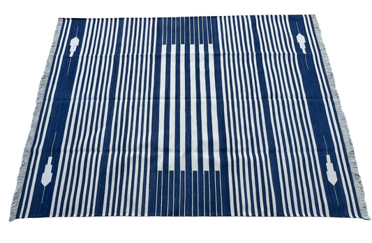 Modern Handmade Cotton Indigo Blue And White Striped Area Rug-6826