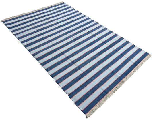 Modern Handmade Cotton Sky Blue And Orange Striped Area Rug-6830