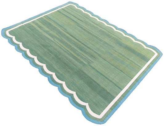 Modern Handmade Cotton Green, Cream and Teal Blue Scalloped Rug-9662