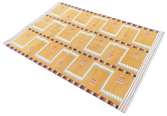 Modern Handmade Cotton Rug, 4x6 Mustard And Cream Geometric Rug-6776