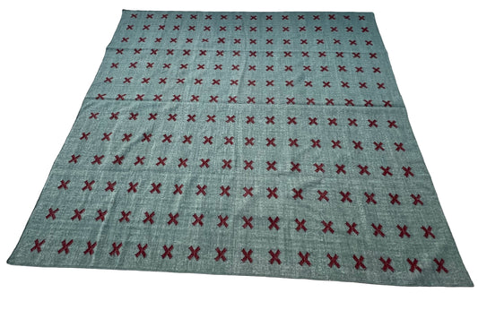 Modern Handmade Woolen Turquoise Blue And Burgundy Cross Pattern Rug-6804