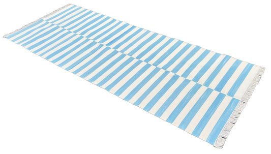 Modern Handmade Cotton Sky Blue And White Up Down Striped Runner-6761