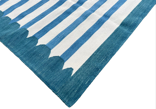 Modern Handmade Cotton Blue And White Flat Weave Striped Rug-6498