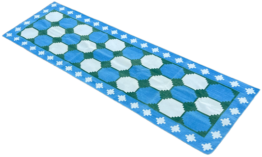 Modern Handmade Cotton Sky Blue, Cream And Green Tile Swedish Runner-6561