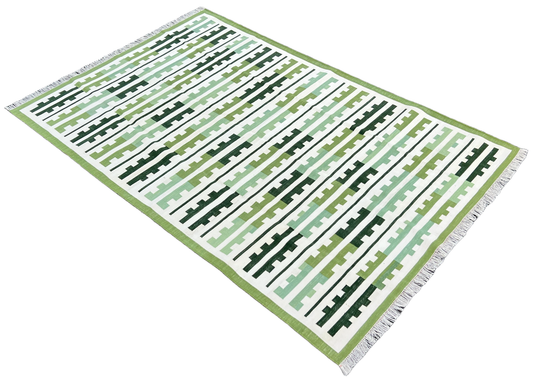 Modern Handmade Cotton Green And Cream Marianne Striped Rug-6757