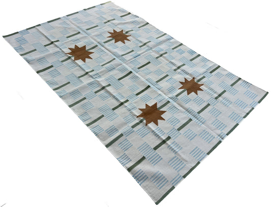 Modern Handmade Cotton Rug, 5'x8' Sky Blue, Sage Green And Cream Star And Dash Striped Rug-6825
