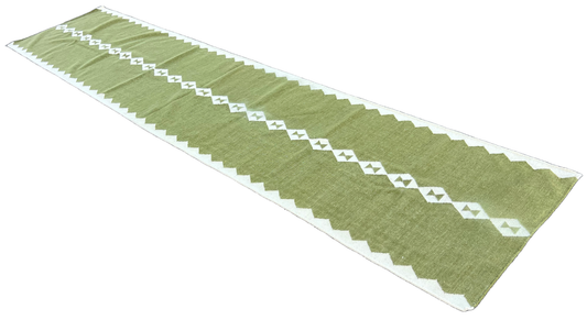 Modern Handmade New Zealand Wool Dark Olive Green And White Geometric Runner-6756