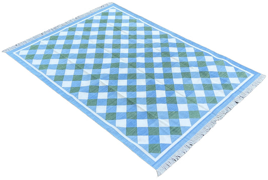 Modern Handmade Cotton Sky Blue, Cream And Forest Green Checked Rug-6760