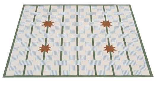 Modern Handmade Cotton Rug, 5'x8' Sky Blue, Sage Green And Cream Star And Dash Striped Rug-6811