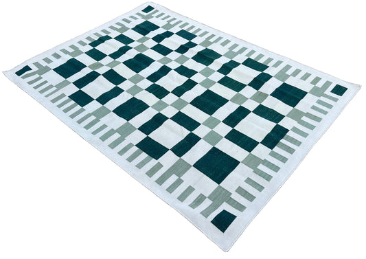Modern Handmade Cotton Area Flat Weave Rug, Natural Vegetable Dyed, Green And Cream Geometric Indian Dhurrie-6717