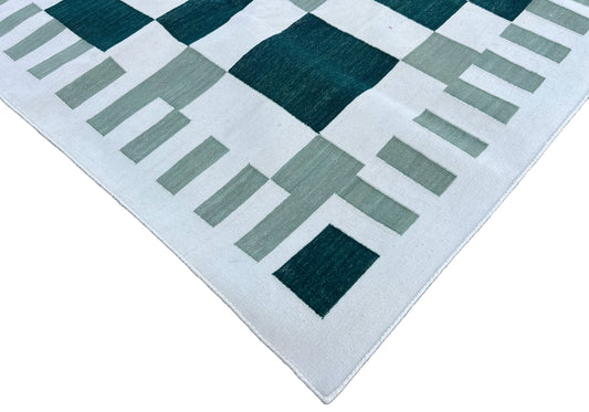 Modern Handmade Cotton Area Flat Weave Rug, Natural Vegetable Dyed, Green And Cream Geometric Indian Dhurrie-6717