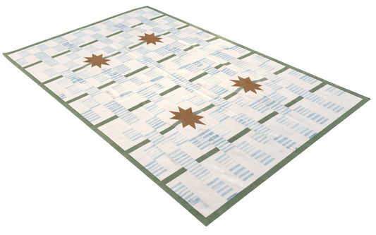 Modern Handmade Cotton Rug, 5'x8' Sky Blue, Sage Green And Cream Star And Dash Striped Rug-6811