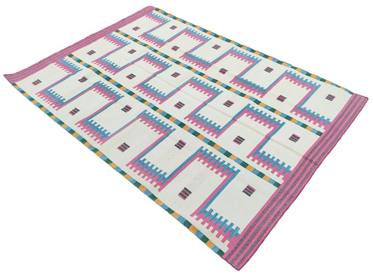 Modern Handmade Cotton Rug, 5x7 Pink And Cream Geometric Rug-6781