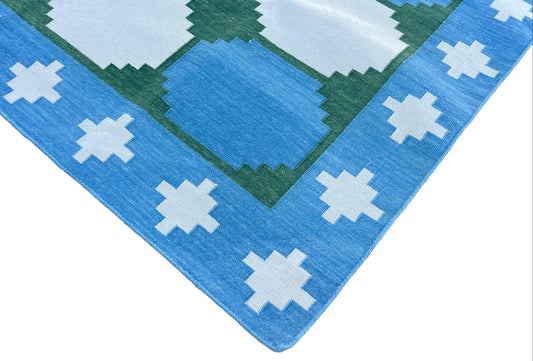 Modern Handmade Cotton Sky Blue, Cream And Green Tile Swedish Runner-6561