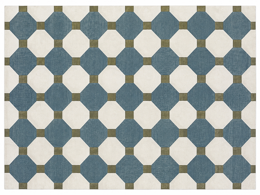 Modern Handmade Cotton Teal Blue, Cream And Olive Green Tile Area Rug-6842