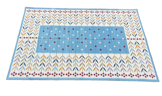 Modern Handmade Cotton Area Flat Weave Rug, Sky Blue And Cream Leaf Indian Dhurrie-6779