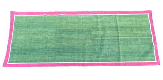 Modern Handmade Cotton Green, Cream And Raspberry Pink Empty Field Runner-6758