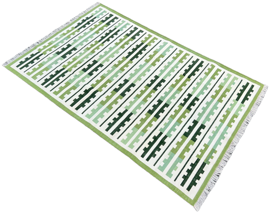 Modern Handmade Cotton Green And Cream Marianne Striped Rug-6757