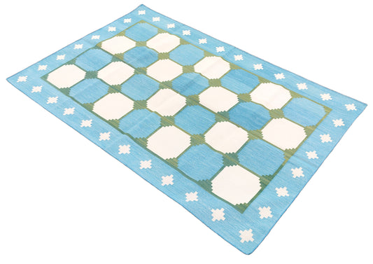 Modern Handmade Cotton Rug, 4x6 Sky Blue And Green Tile Swedish Rug-6782