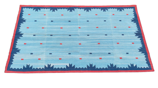 Modern Handmade Cotton Rug, 5x8 Sky And Navy Blue Red Border Geometric Diamond Rug-6775