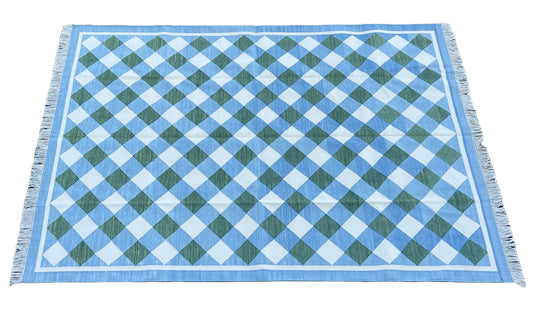 Modern Handmade Cotton Sky Blue, Cream And Forest Green Checked Rug-6760