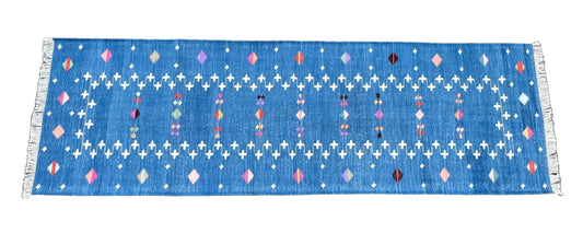 Modern Handmade Cotton Indigo Blue Shooting Star Dhurrie Runner-6772