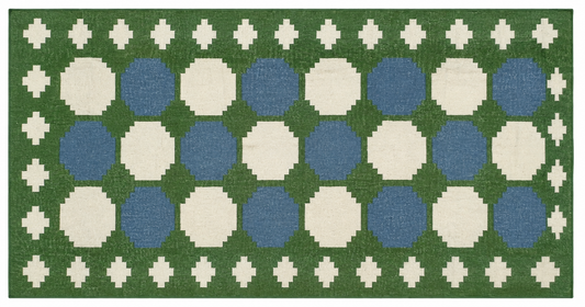 Modern Handmade New Zealand Wool Moss Green, Cream And Sky Blue Geometric Runner-6838