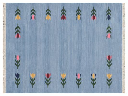 Modern Handmade Cotton Sky Blue Leaf Patterned Area Rug-6839