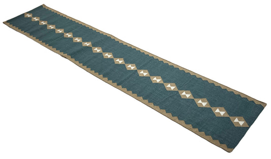 Modern Handmade New Zealand Wool Turquoise Blue, Cream And Beige Geometric Runner-6797