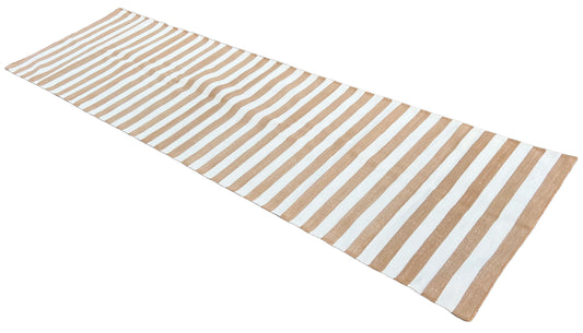 Modern Handmade Cotton Tan And White Striped Runner-6720
