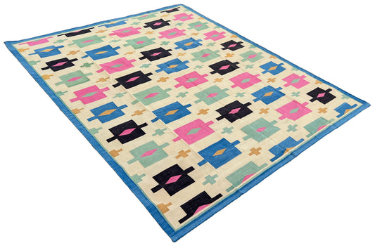 Modern Handmade Cotton Area Flat Weave Rug, Cream, Brown, Pink And Blue Geometric Dhurrie-6721