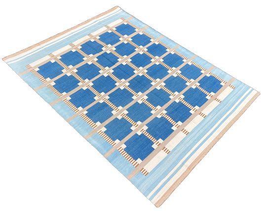 Modern Handmade Cotton Area Flat Weave Rug, Blue, Cream, Beige And Tan Geometric Dhurrie-6751