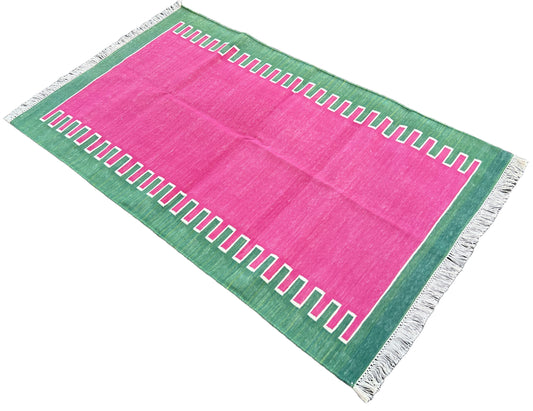 Modern Handmade Cotton Raspberry Pink And Green Zig Zag Striped Rug-6706