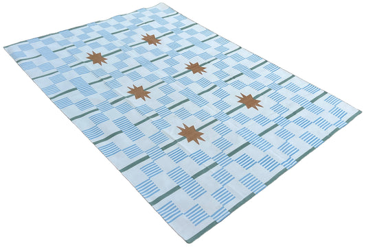 Modern Handmade Cotton Area Flat Weave Rug, Natural Vegetable Dyed, Sky Blue And Cream Geometric Star Indian Dhurrie-6716