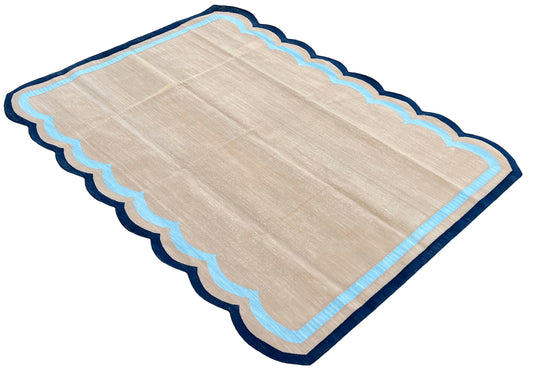 Modern Handmade Cotton Beige and navy Blue Scalloped Rug-9646