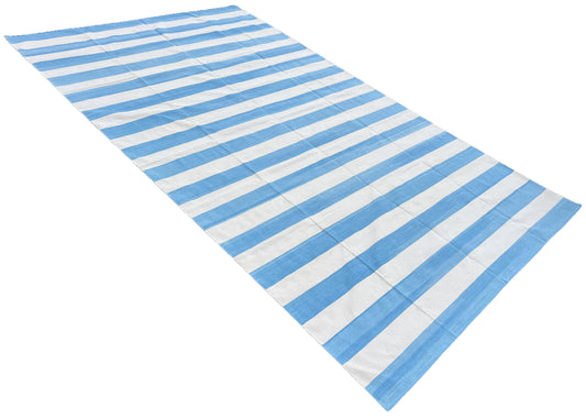 Modern Handmade Cotton Sky Blue And White Striped Area Rug-6754
