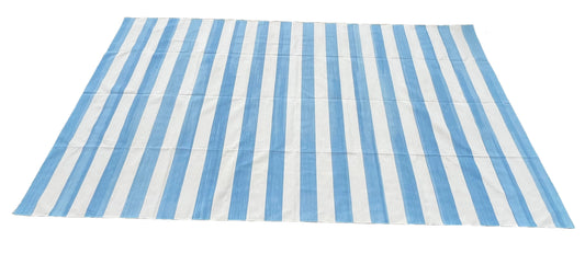 Modern Handmade Cotton Sky Blue And White Striped Area Rug-6754