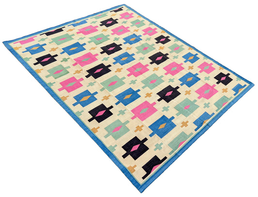 Modern Handmade Cotton Area Flat Weave Rug, Cream, Brown, Pink And Blue Geometric Dhurrie-6721